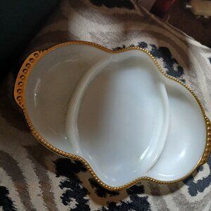 Anchor Hocking Fire King Ware Milk Glass Divided Serving Dish with Gold Trim